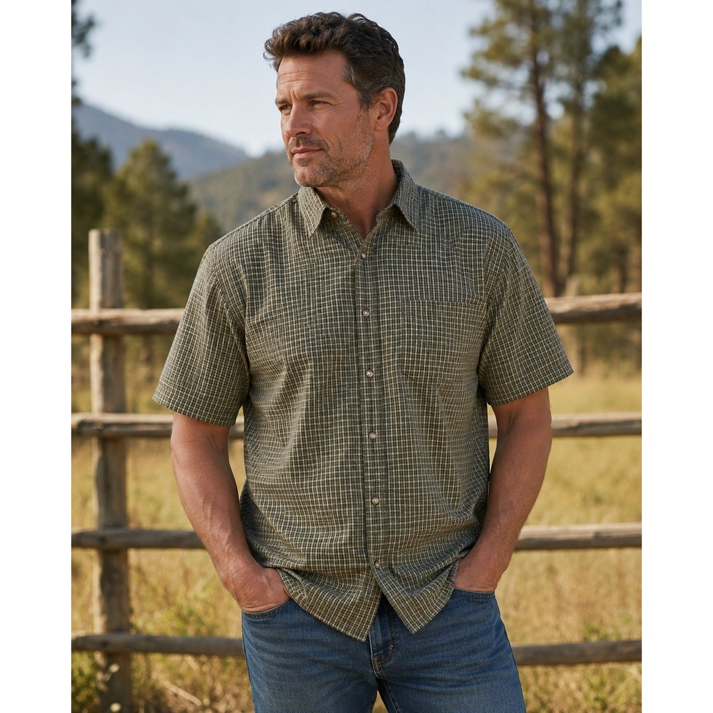 Wrangler Premium Quality Mens 2X Olive Green Plaid Short Sleeve cowboy western